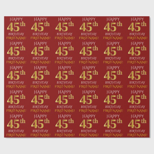 Papel De Presente Vermelho, Faux Dourado "FELIZ 45 ANOS" (Aberto)