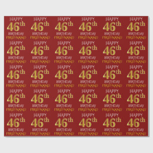 Papel De Presente Vermelho, Faux Dourado "FELIZ 46 ANOS"