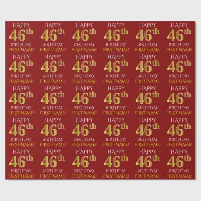 Papel De Presente Vermelho, Faux Dourado "FELIZ 46 ANOS" (Aberto)