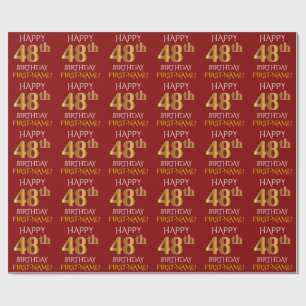 Papel De Presente Vermelho, Faux Dourado "FELIZ 48 ANOS"