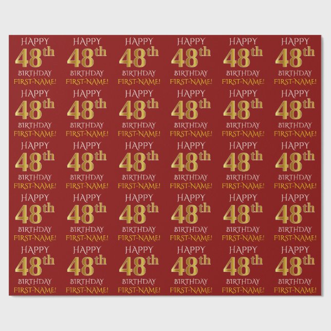 Papel De Presente Vermelho, Faux Dourado "FELIZ 48 ANOS" (Aberto)
