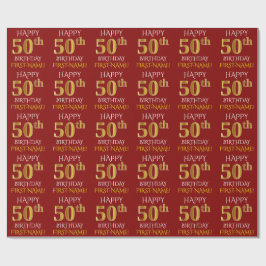Papel De Presente Vermelho, Faux Dourado "FELIZ 50 ANOS"