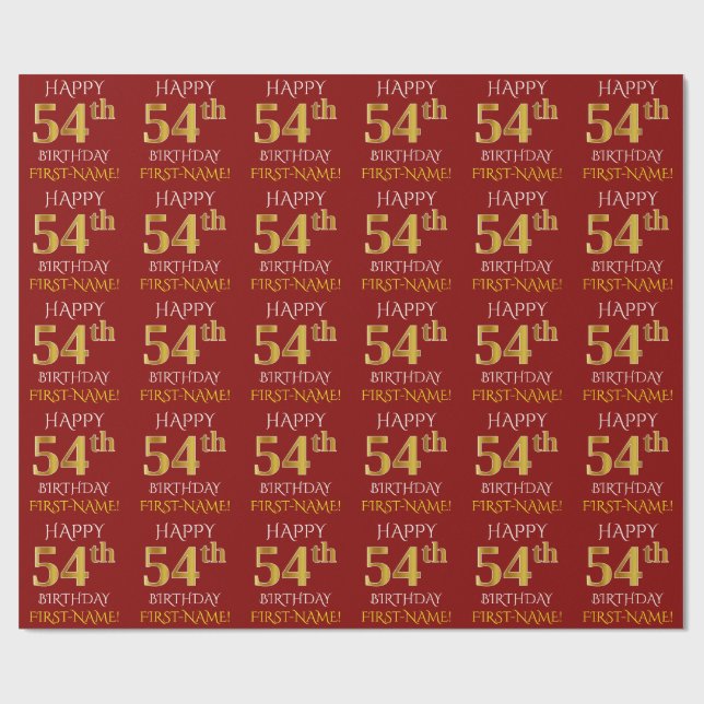 Papel De Presente Vermelho, Faux Dourado "FELIZ 54 ANOS" (Aberto)