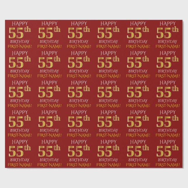 Papel De Presente Vermelho, Faux Dourado "FELIZ 55 ANOS" (Aberto)