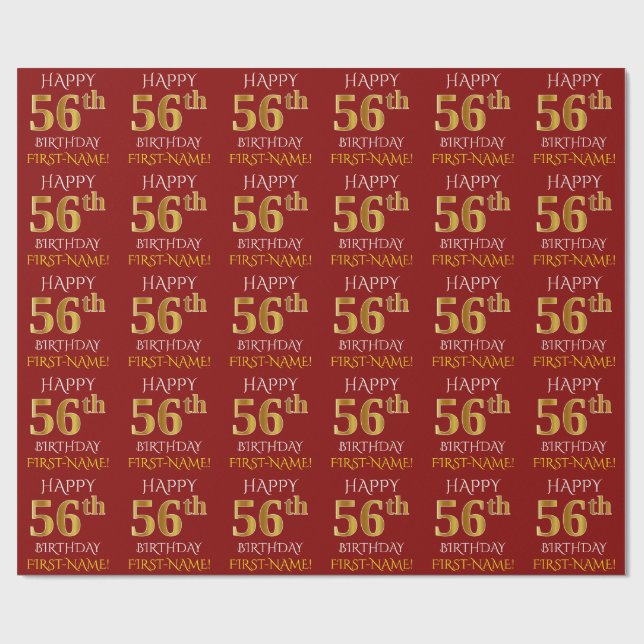 Papel De Presente Vermelho, Faux Dourado "FELIZ 56 ANOS" (Aberto)