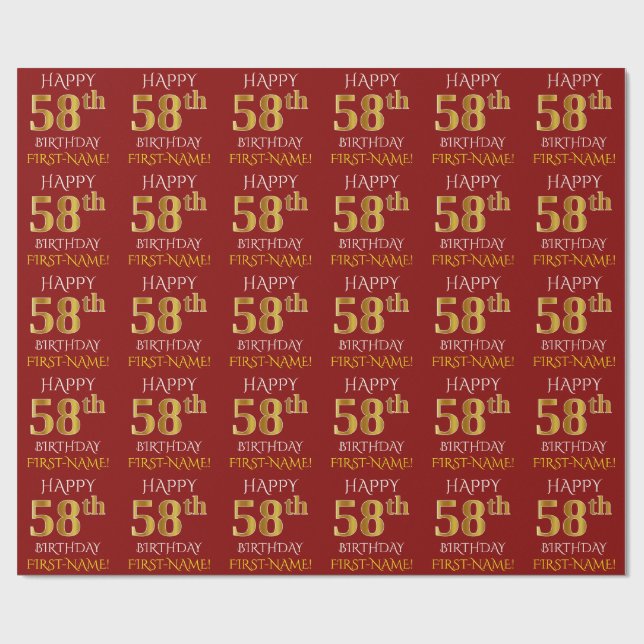 Papel De Presente Vermelho, Faux Dourado "FELIZ 58 ANOS" (Aberto)