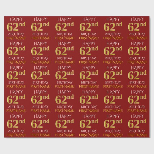 Papel De Presente Vermelho, Faux Dourado "FELIZ 62º ANIVERSÁRIO" (Aberto)
