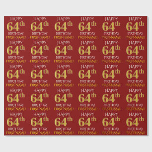 Papel De Presente Vermelho, Faux Dourado "FELIZ 64 ANOS"