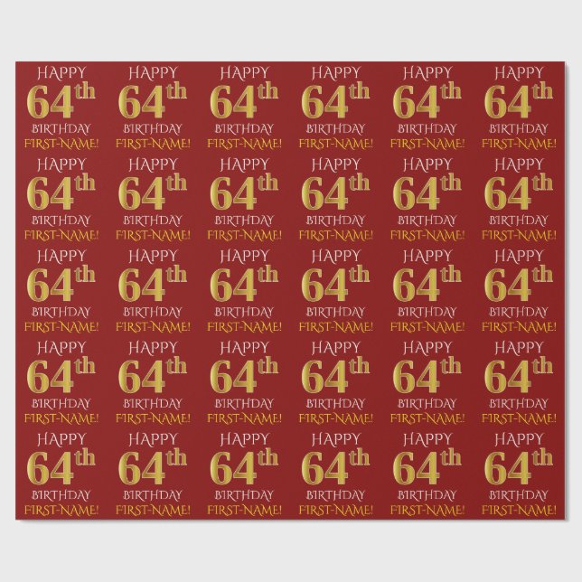 Papel De Presente Vermelho, Faux Dourado "FELIZ 64 ANOS" (Aberto)