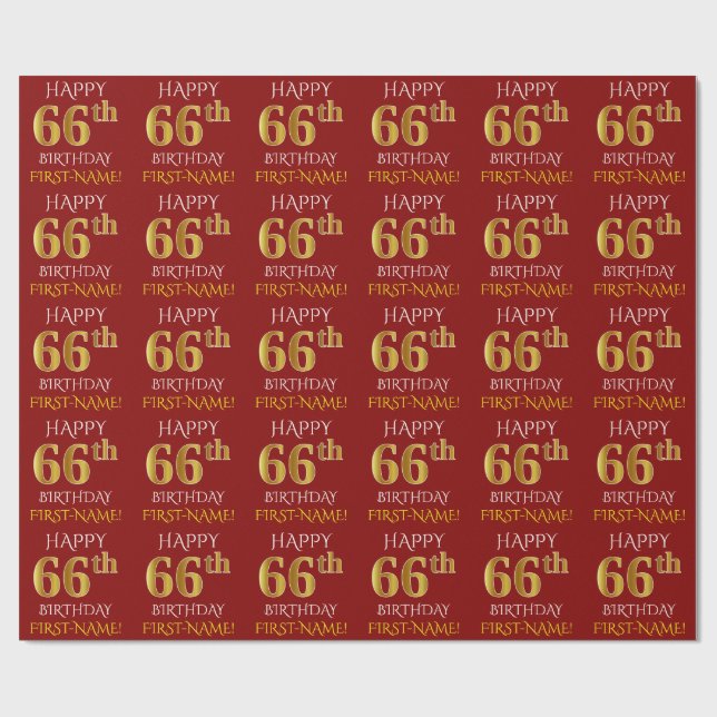 Papel De Presente Vermelho, Faux Dourado "FELIZ 66 ANOS" (Aberto)