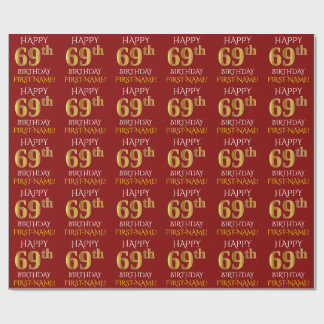 Papel De Presente Vermelho, Faux Dourado "FELIZ 69 ANOS"