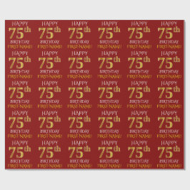 Papel De Presente Vermelho, Faux Dourado "FELIZ 75 ANOS"