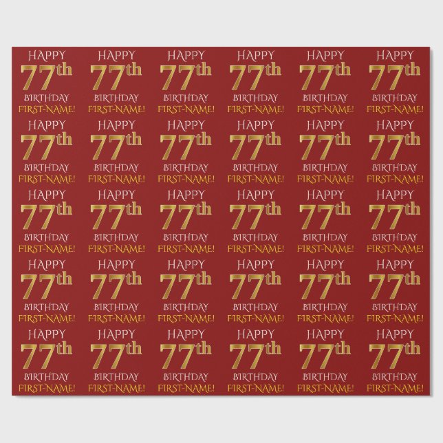 Papel De Presente Vermelho, Faux Dourado "FELIZ 77 ANOS" (Aberto)