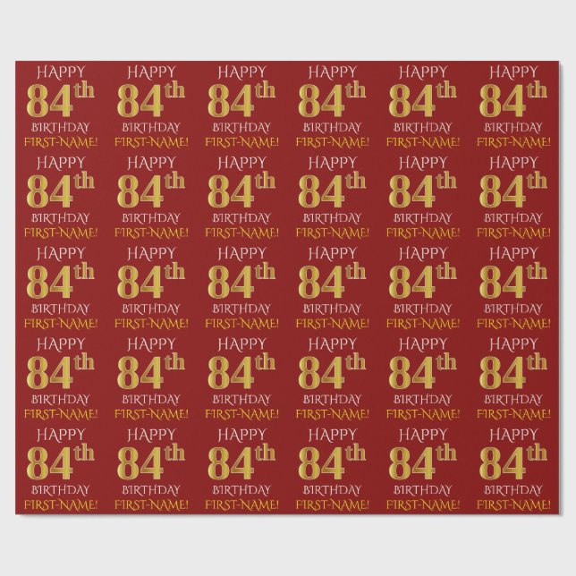 Papel De Presente Vermelho, Faux Dourado "FELIZ 84 ANOS" (Aberto)