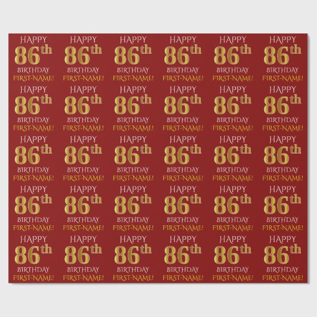 Papel De Presente Vermelho, Faux Dourado "FELIZ 86 ANOS" (Aberto)