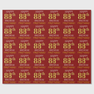Papel De Presente Vermelho, Faux Dourado "FELIZ 88º ANIVERSÁRIO"