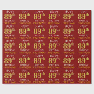 Papel De Presente Vermelho, Faux Dourado "FELIZ 89 ANOS"