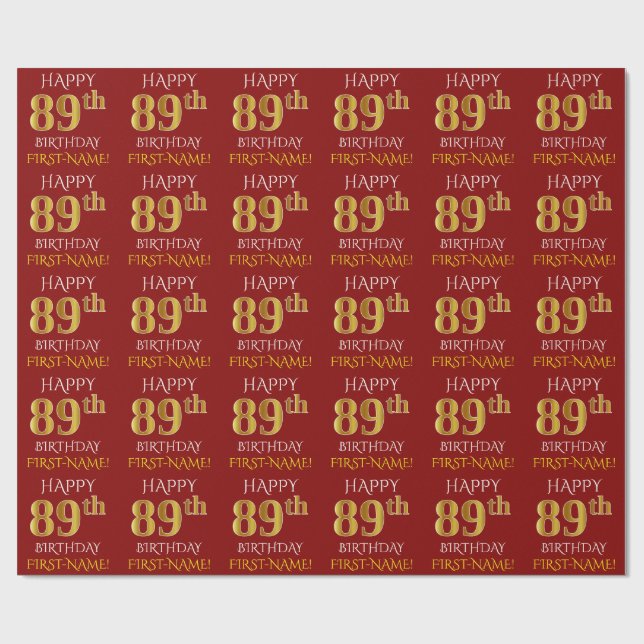 Papel De Presente Vermelho, Faux Dourado "FELIZ 89 ANOS" (Aberto)
