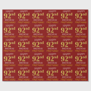 Papel De Presente Vermelho, Faux Dourado "FELIZ 92º ANIVERSÁRIO"
