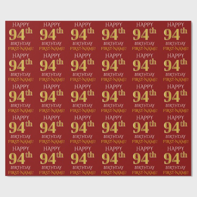Papel De Presente Vermelho, Faux Dourado "FELIZ 94 ANOS" (Aberto)