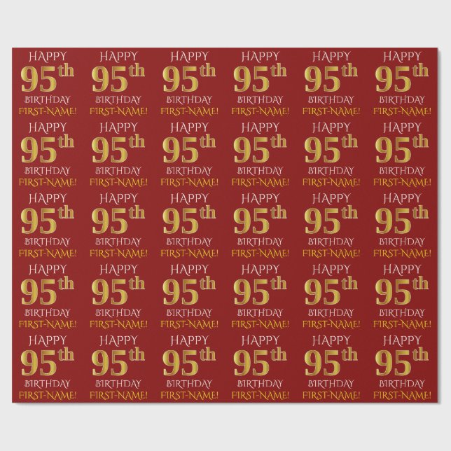 Papel De Presente Vermelho, Faux Dourado "FELIZ 95 ANOS" (Aberto)