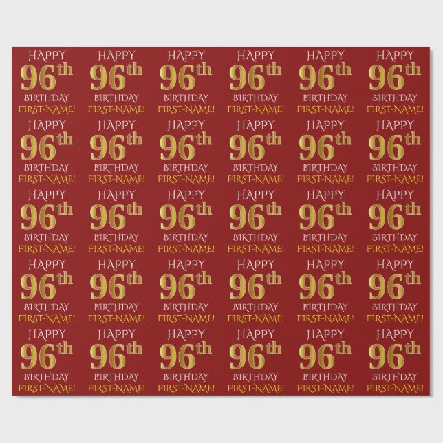 Papel De Presente Vermelho, Faux Dourado "FELIZ 96º ANIVERSÁRIO" (Aberto)