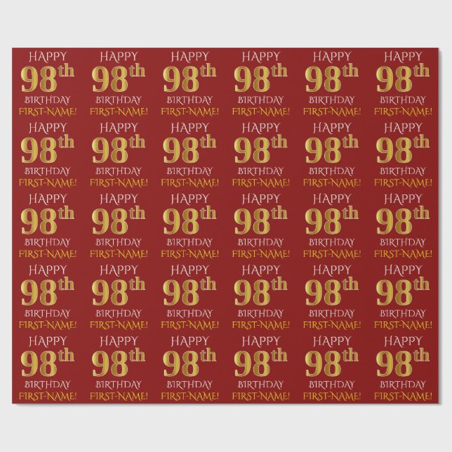 Papel De Presente Vermelho, Faux Dourado "FELIZ 98 ANOS" (Aberto)