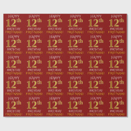 Papel De Presente Vermelho, Faux Dourado "FELIZ ANIVERSÁRIO 12"