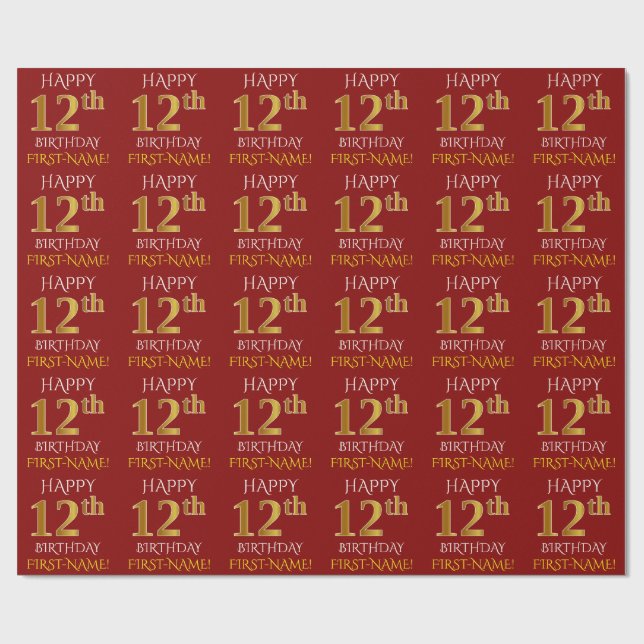 Papel De Presente Vermelho, Faux Dourado "FELIZ ANIVERSÁRIO 12" (Aberto)