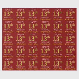 Papel De Presente Vermelho, Faux Dourado "FELIZ ANIVERSÁRIO 13"