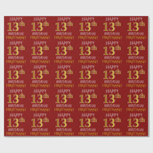 Papel De Presente Vermelho, Faux Dourado "FELIZ ANIVERSÁRIO 13"
