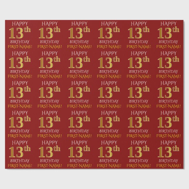 Papel De Presente Vermelho, Faux Dourado "FELIZ ANIVERSÁRIO 13" (Aberto)
