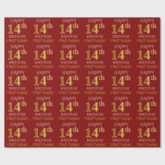 Papel De Presente Vermelho, Faux Dourado "FELIZ ANIVERSÁRIO 14" (Aberto)