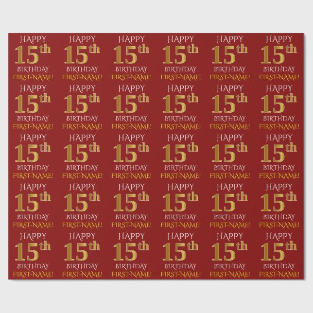 Papel De Presente Vermelho, Faux Dourado "FELIZ ANIVERSÁRIO 15" (Aberto)