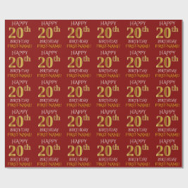 Papel De Presente Vermelho, Faux Dourado "FELIZ ANIVERSÁRIO 20"