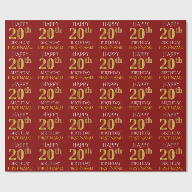 Papel De Presente Vermelho, Faux Dourado "FELIZ ANIVERSÁRIO 20" (Aberto)