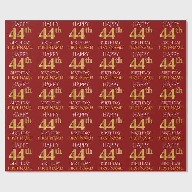 Papel De Presente Vermelho, Faux Dourado "FELIZ ANIVERSÁRIO 44" (Aberto)