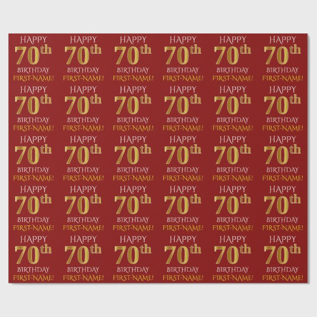 Papel De Presente Vermelho, Faux Dourado "FELIZ ANIVERSÁRIO 70" (Aberto)