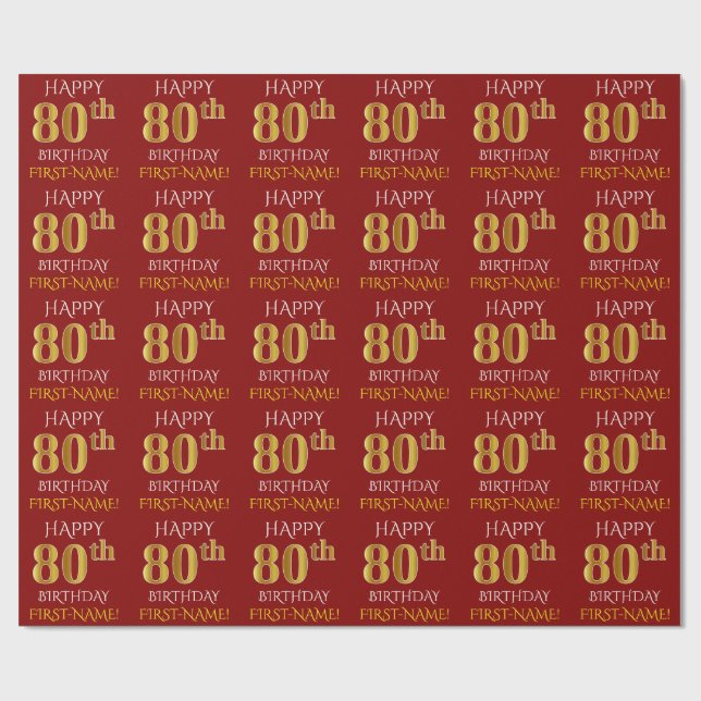 Papel De Presente Vermelho, Faux Dourado "FELIZ ANIVERSÁRIO 80" (Aberto)