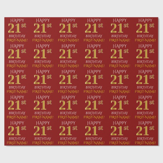 Papel De Presente Vermelho, Faux Dourado "FELIZ aniversário de 21 an (Aberto)