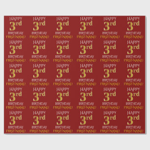 Papel De Presente Vermelho, Faux Dourado "FELIZ aniversário de 3 ano