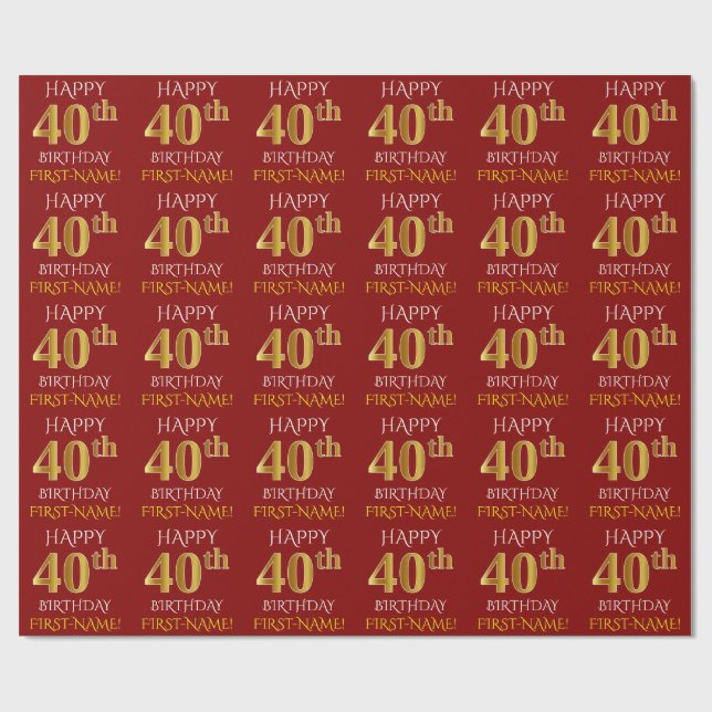 Papel De Presente Vermelho, Faux Dourado "FELIZ aniversário de 40 an (Aberto)