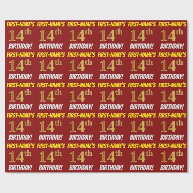 Papel De Presente Vermelho, Faux/Imitação Dourada, "14 DIA DE ANIVER (Aberto)