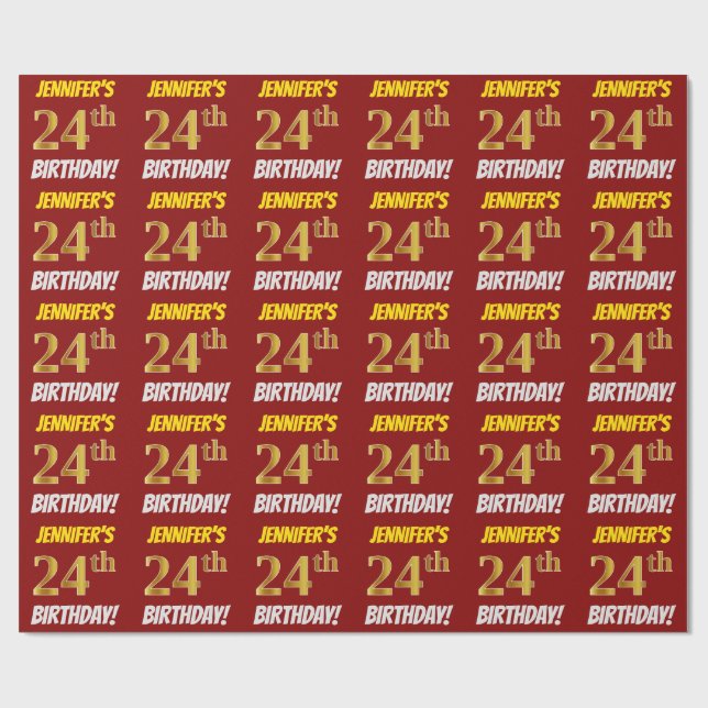 Papel De Presente Vermelho, Faux/Imitação Dourada, "24º ANIVERSÁRIO" (Aberto)