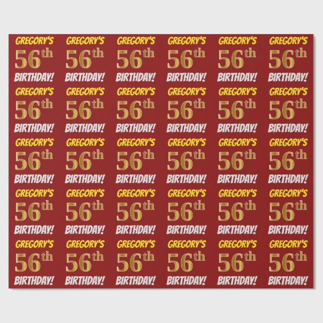 Papel De Presente Vermelho, Faux/Imitação Dourada, "56º ANIVERSÁRIO" (Aberto)