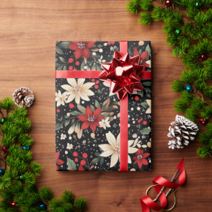 Papel De Presente Vermelho Festivo e Branco Poinsettia Natal Feriado