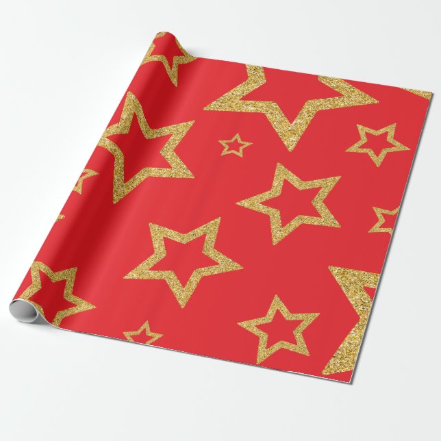 Papel De Presente Vermelho Festivo e Estrela Dourada (Desenrolado)