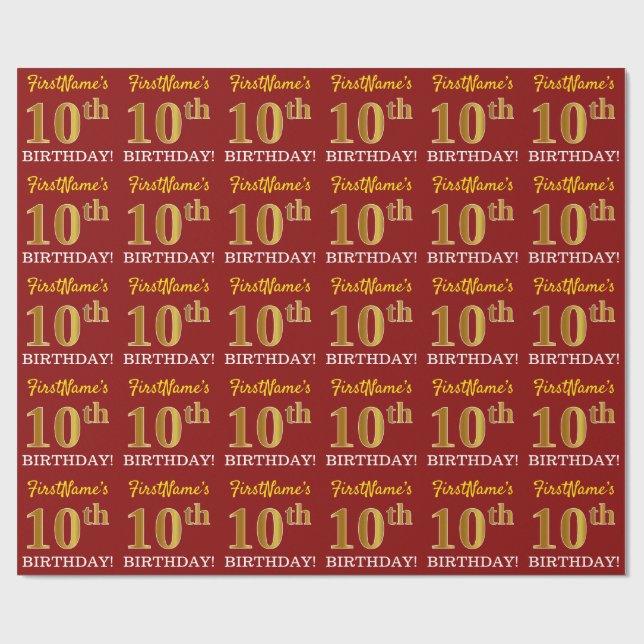 Papel De Presente Vermelho, Imitação Dourada "10º ANIVERSÁRIO" (Aberto)