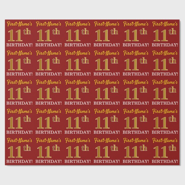 Papel De Presente Vermelho, Imitação Dourada "11 de ANIVERSÁRIO" (Aberto)