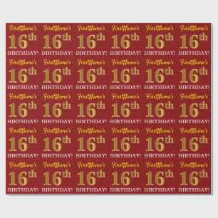 Papel De Presente Vermelho, Imitação Dourada "16º ANIVERSÁRIO"